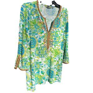 Soft Surroundings MEDIUM Green Blue Yellow Jersey Knit Tunic Top Artful Fun
